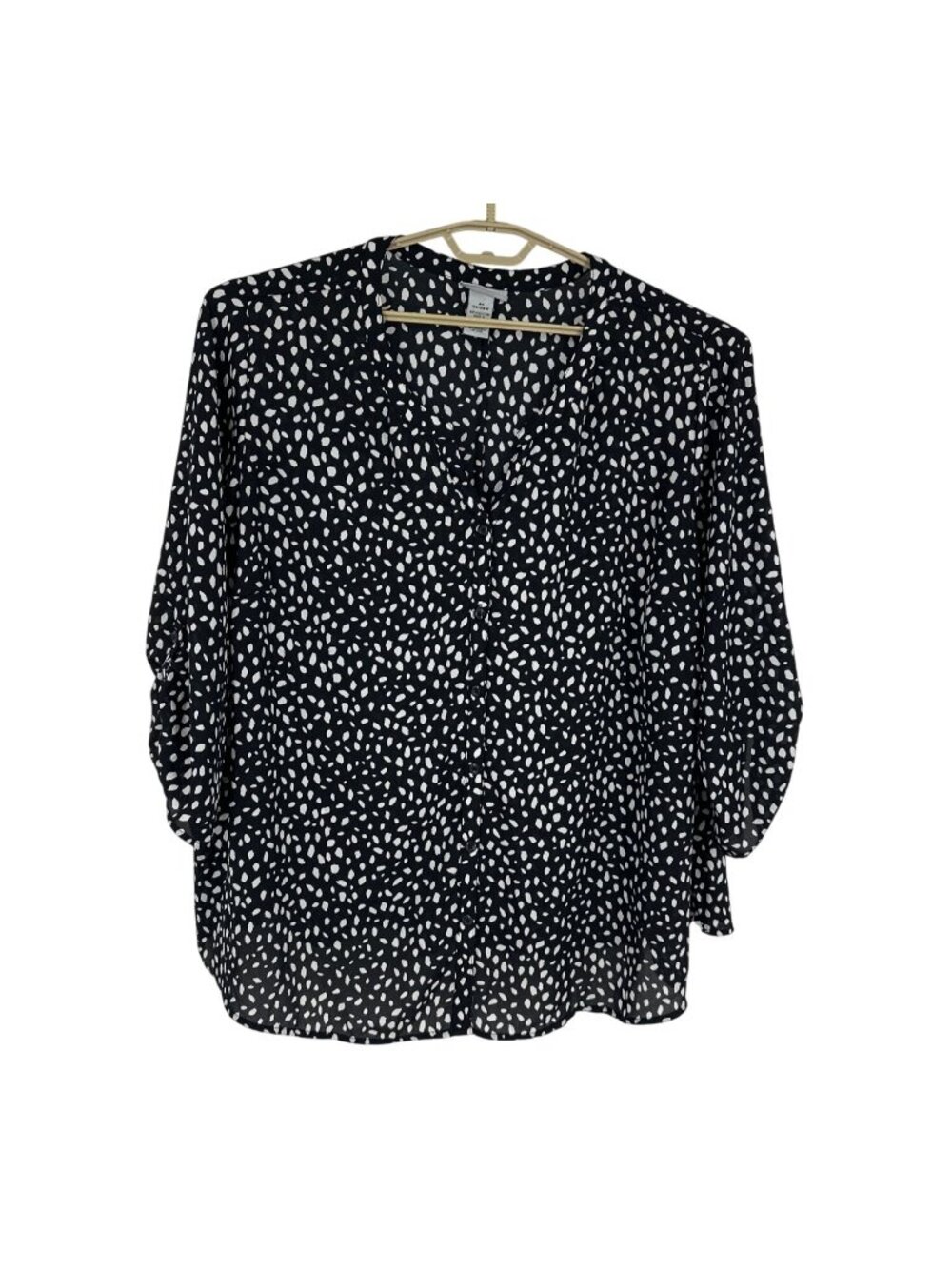 Catherines Womens 3X Black & White Polka Dot Blouse 26/28W V-Neck 3/4 Sleeve Lig